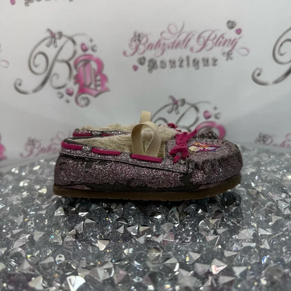 Disney moccasins Frozen Elsa princess sparkly Glitter Slippers with Pink Laces